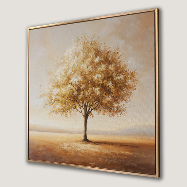 Framed Wall Art: Golden tree landscape painting. Warm, earthy tones create a serene feel. Perfect for adding natural beauty to your home.