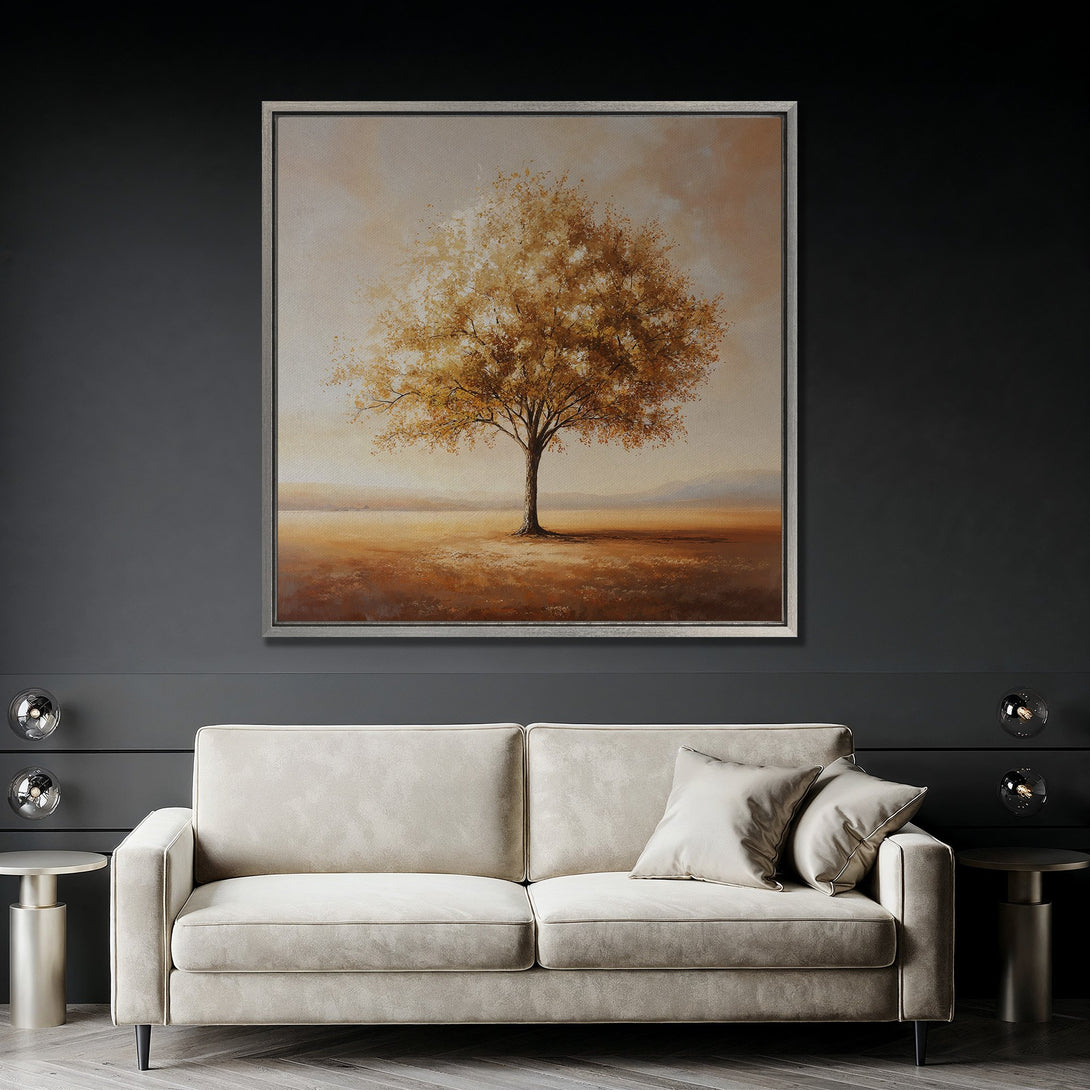 Framed Wall Art: Golden tree landscape painting in warm earth tones. Elegant artwork for living room decor. Enhance your space with this stunning canvas print.