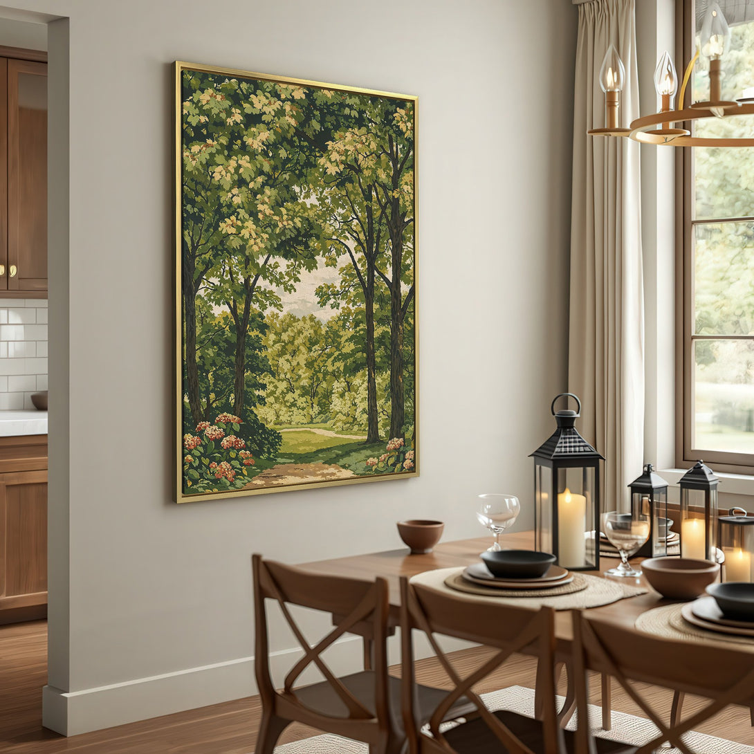 Canvas Print of a serene forest scene in muted greens and browns, adding a touch of nature to any space.