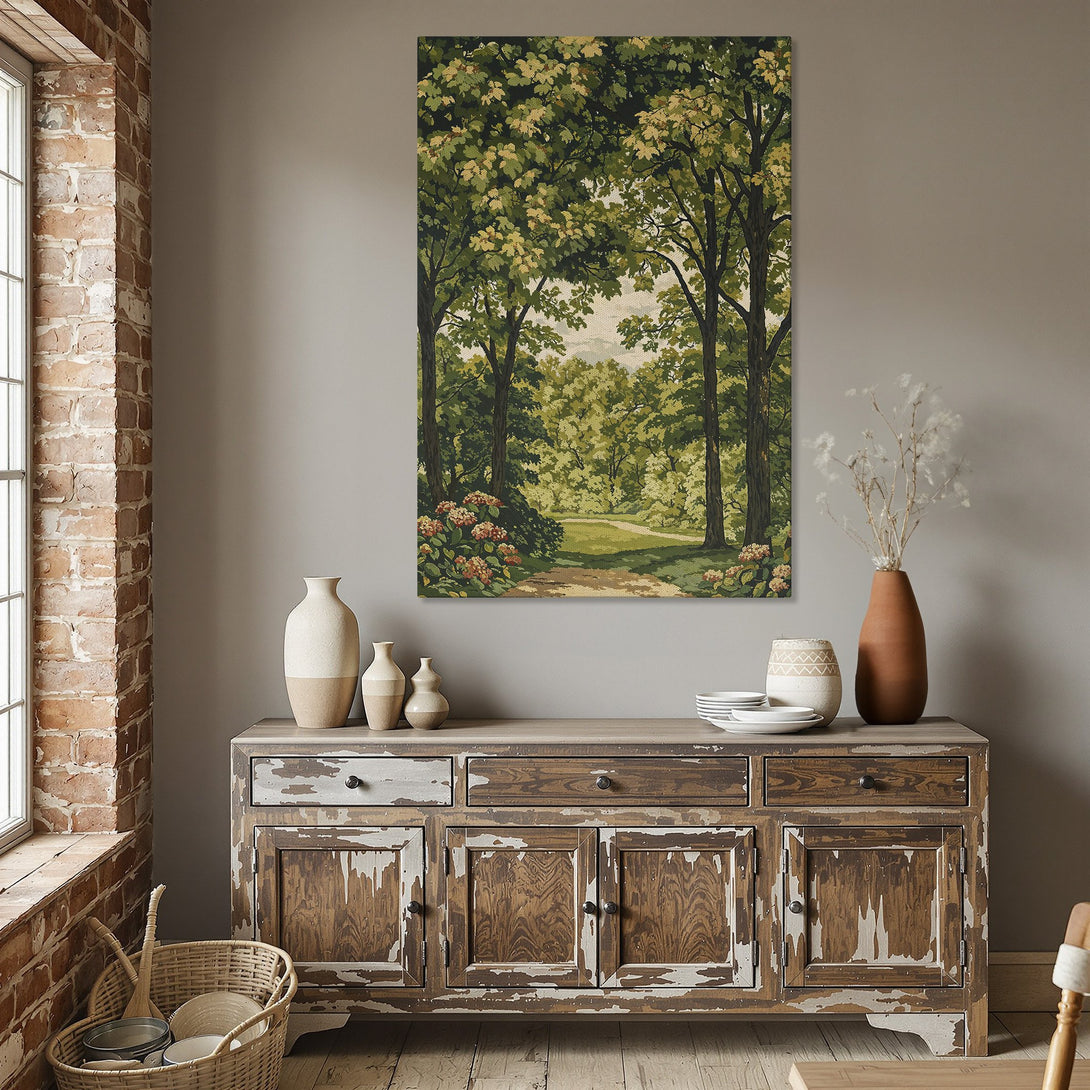 Framed Wall Art: Tranquil forest scene in green & gold tones. Perfect for adding a touch of nature & elegance to your dining room. Shop now!