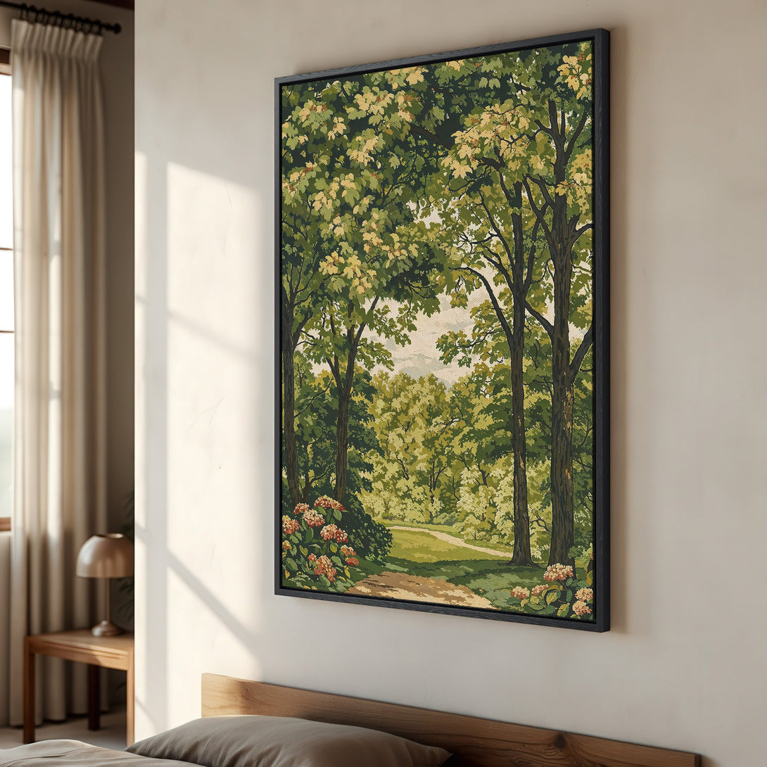 Framed Wall Art featuring a serene forest landscape in green and beige tones. Perfect for adding a touch of nature and tranquility to your home decor.