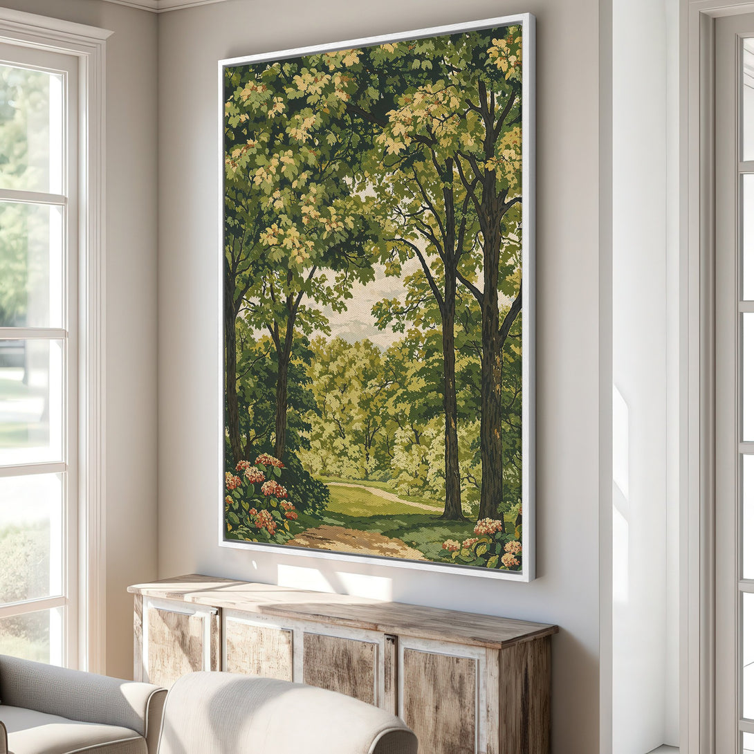 Framed Wall Art: Serene forest scene in green and beige tones. Vintage-style canvas print adds a touch of nature and elegance to any interior.