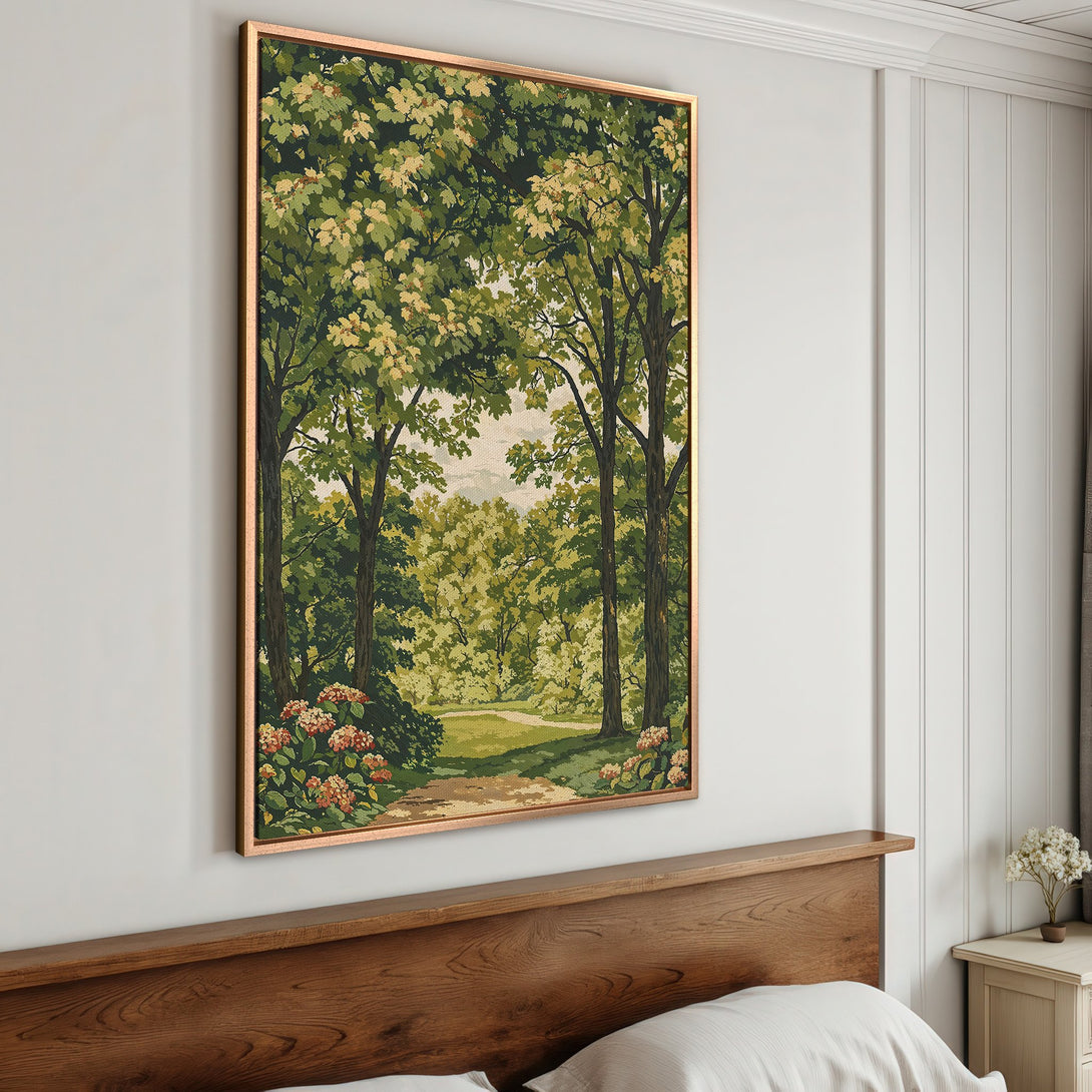 Framed Wall Art featuring a serene forest scene in green and beige tones. Perfect for adding a touch of nature-inspired elegance to your home decor.