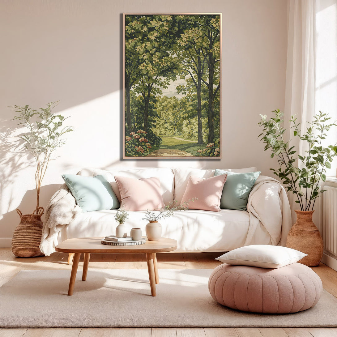 Framed Wall Art featuring a serene forest scene in green and beige tones, perfect for adding a touch of nature to your living room.