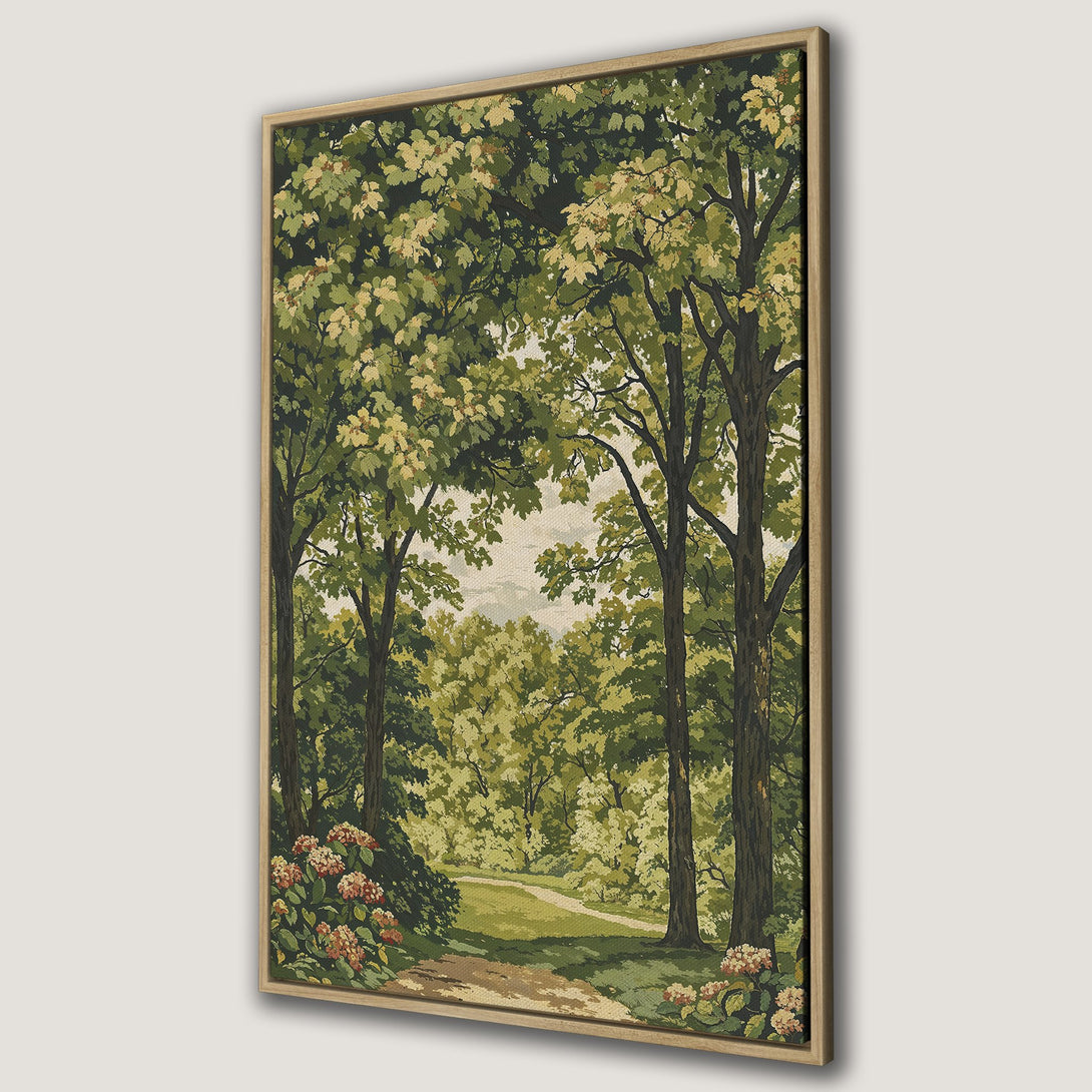 Framed Wall Art of a serene forest path. Vintage style with a green and beige color palette, perfect for adding a touch of nature to your home decor.