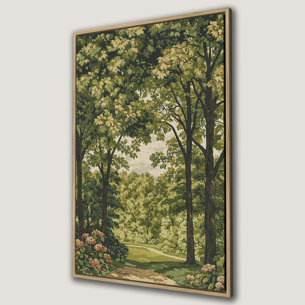 Framed Wall Art of a serene forest path. Vintage style with a green and beige color palette, perfect for adding a touch of nature to your home decor.
