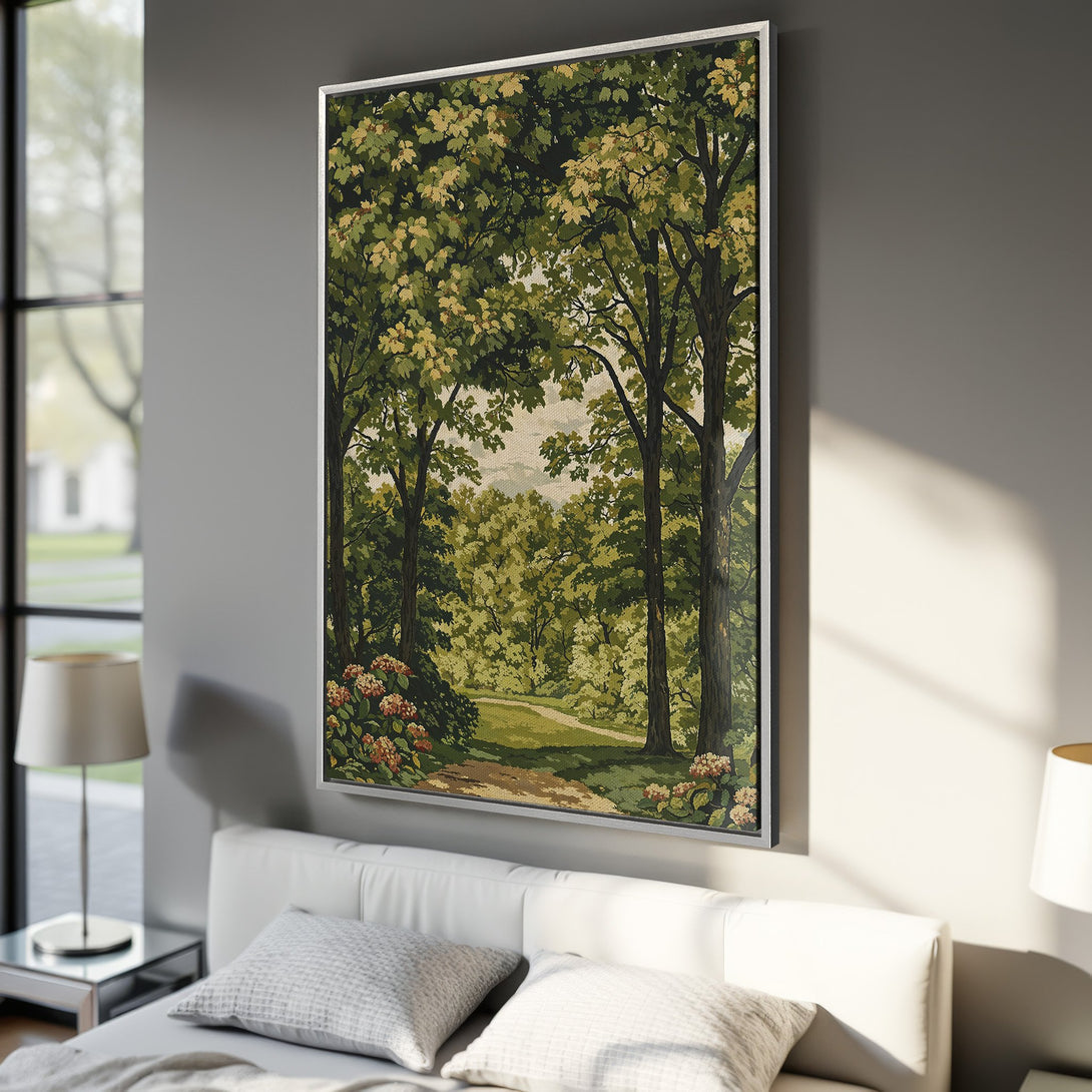 Framed Wall Art featuring a serene forest scene in green and yellow hues. Perfect for adding a touch of nature to your bedroom decor.