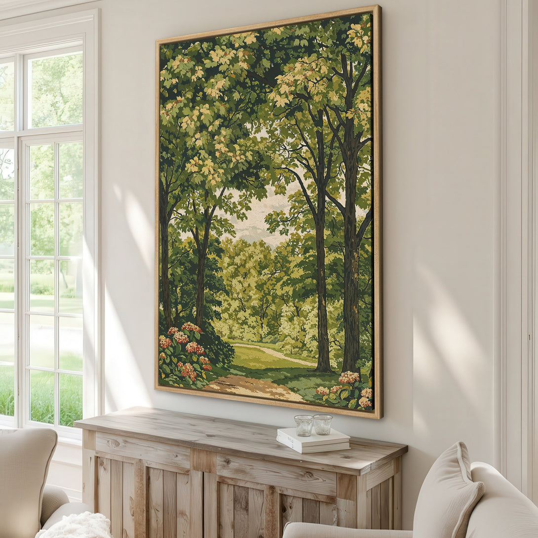 Framed Wall Art featuring a serene forest scene in green and beige tones. Perfect for adding a touch of nature-inspired art to your home decor.