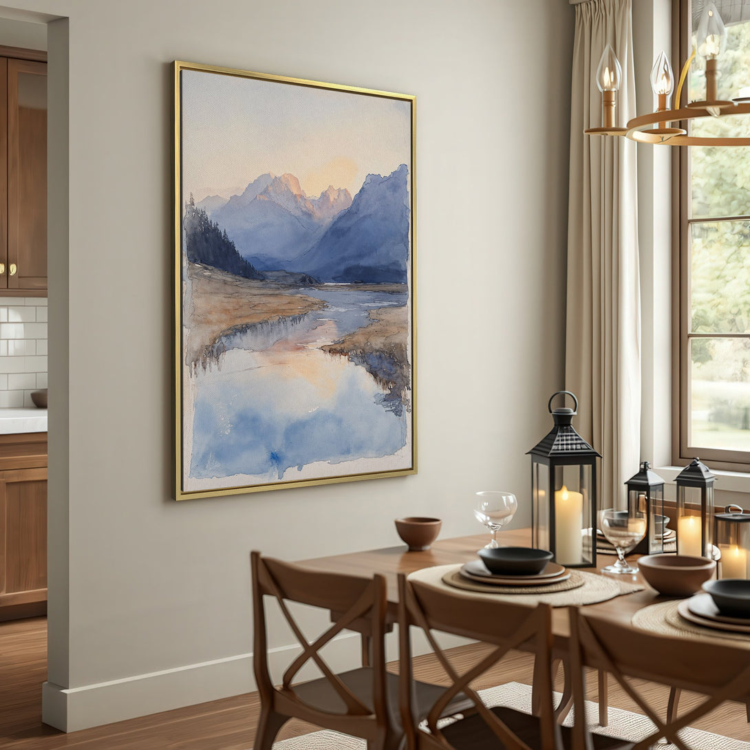 Canvas Print of a watercolor landscape painting in blue and beige tones, perfect for adding serene art to your home.