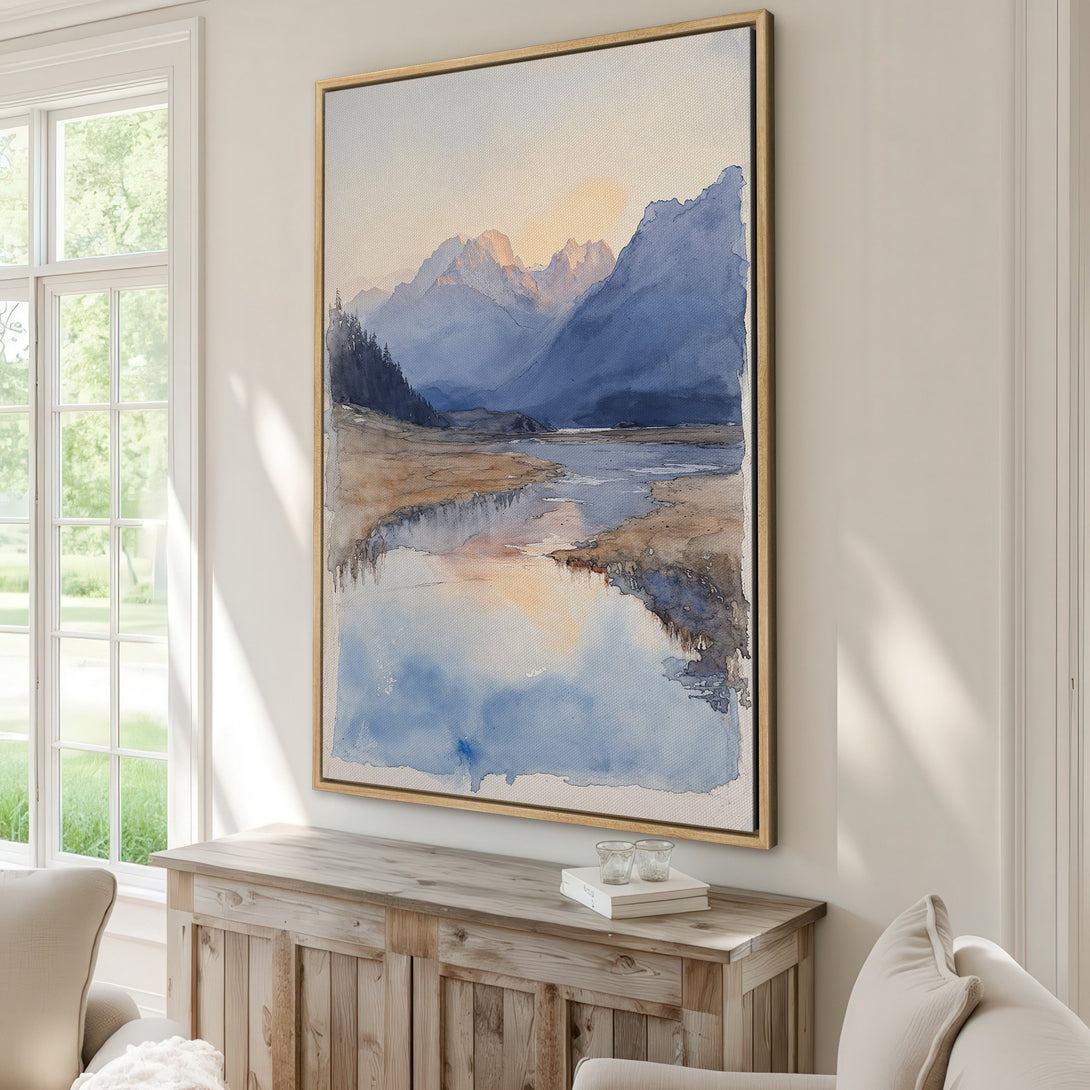 Framed Wall Art of a watercolor mountain landscape in blue and beige tones. Add serene style to your home with this beautiful Canvas Print.