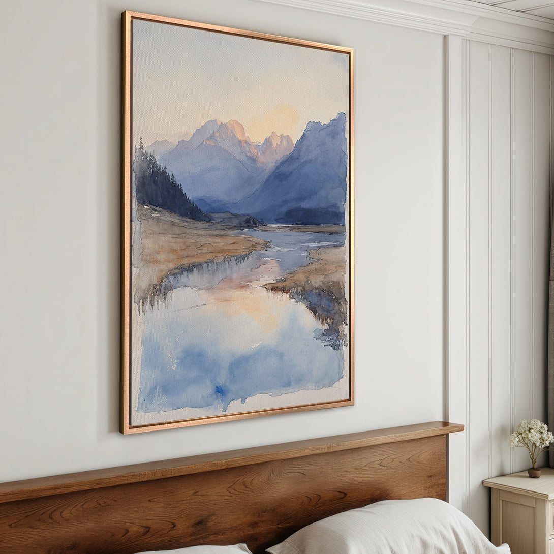 Framed Wall Art: Watercolor landscape Canvas Print in blue & gold tones. Add serene beauty to your home decor with this stunning artwork.