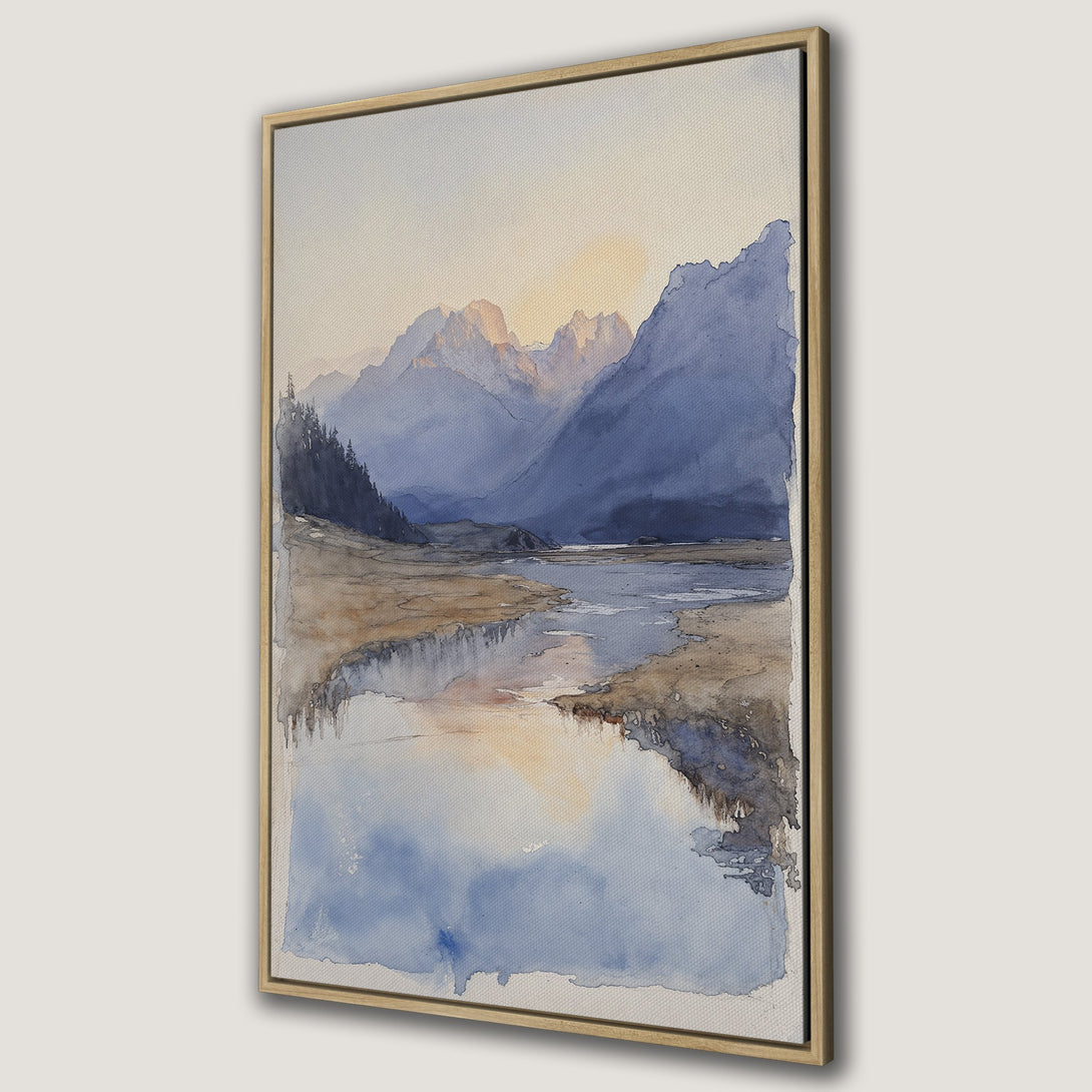 Framed Wall Art: Watercolor landscape Canvas Print featuring mountains and river in blue and beige tones, perfect for serene home decor.