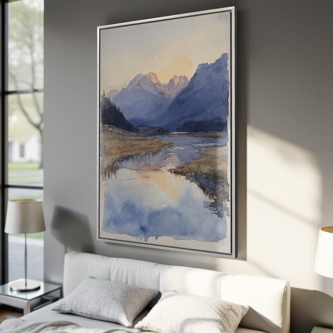 Framed Wall Art: Watercolor landscape Canvas Print in blue and gold tones. Serene mountain scene perfect for bedroom decor. Add a touch of nature to your home!