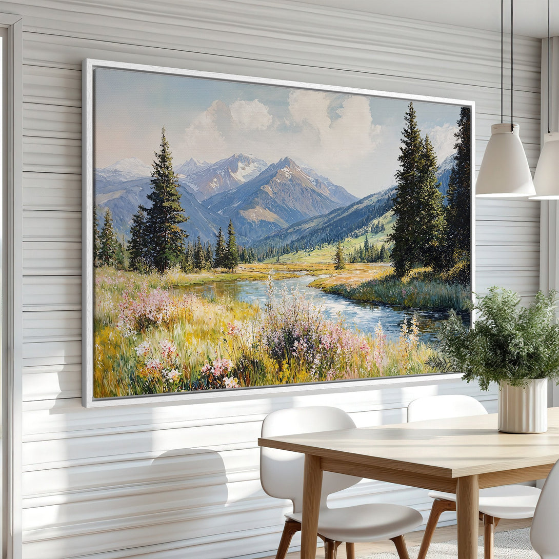 Framed Wall Art: Mountain landscape canvas print in a dining room. Featuring a serene river scene with a cool, natural color palette. Perfect for home decor.