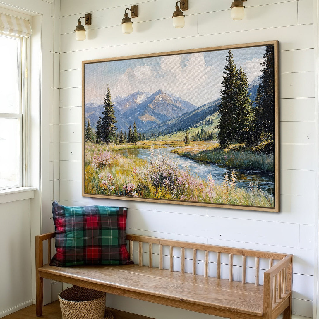 Framed Wall Art: Landscape canvas print with a serene mountain river scene in cool blues, greens, and yellows. Perfect for rustic home decor.