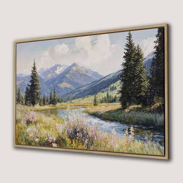 Framed Wall Art: Landscape Canvas Print of a serene mountain river scene. Features a natural color palette of blues, greens, and earth tones.
