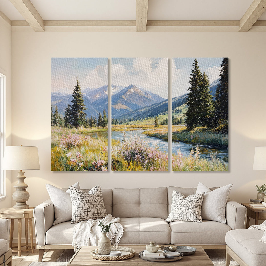 Canvas Print of a serene mountain landscape painting in a neutral living room. Features a blue, green, and yellow color palette.
