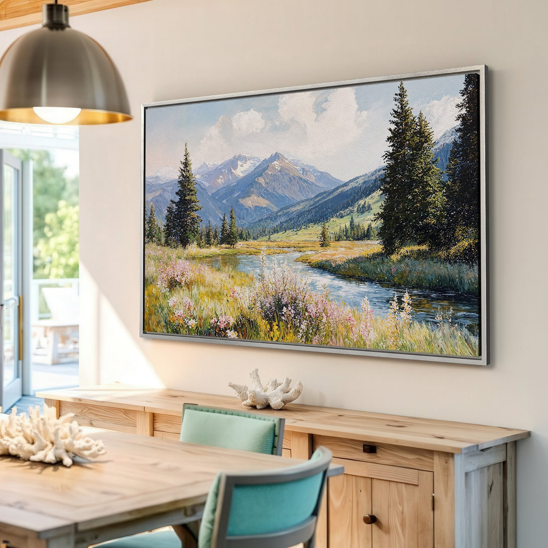 Framed Wall Art: Landscape Canvas Print of a serene mountain scene. Features a natural color palette with blues, greens, and yellows. Perfect for home decor.
