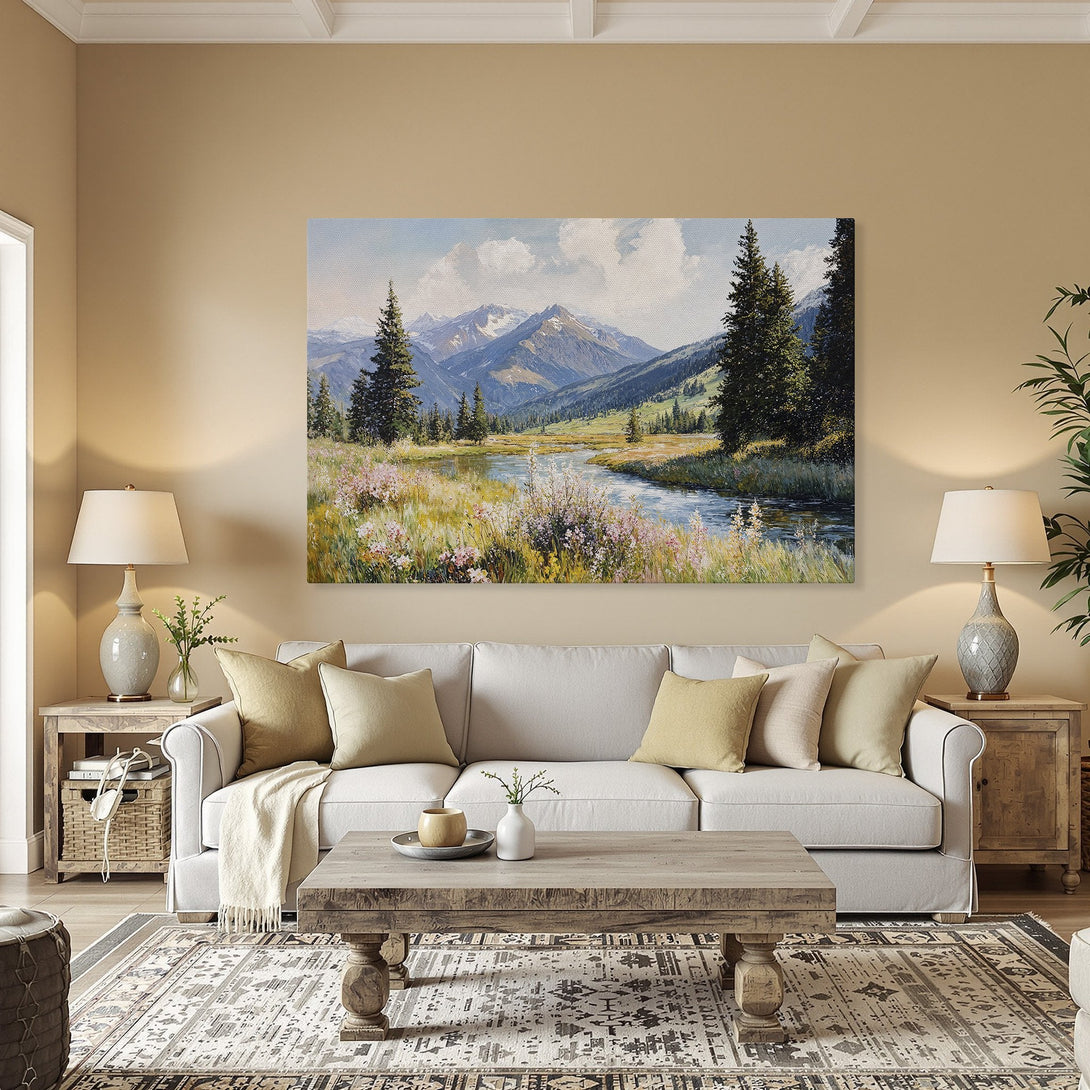 Framed Wall Art: Mountain landscape Canvas Print with a serene river scene. Earthy tones and a classic style create a calming atmosphere. Perfect for any room!