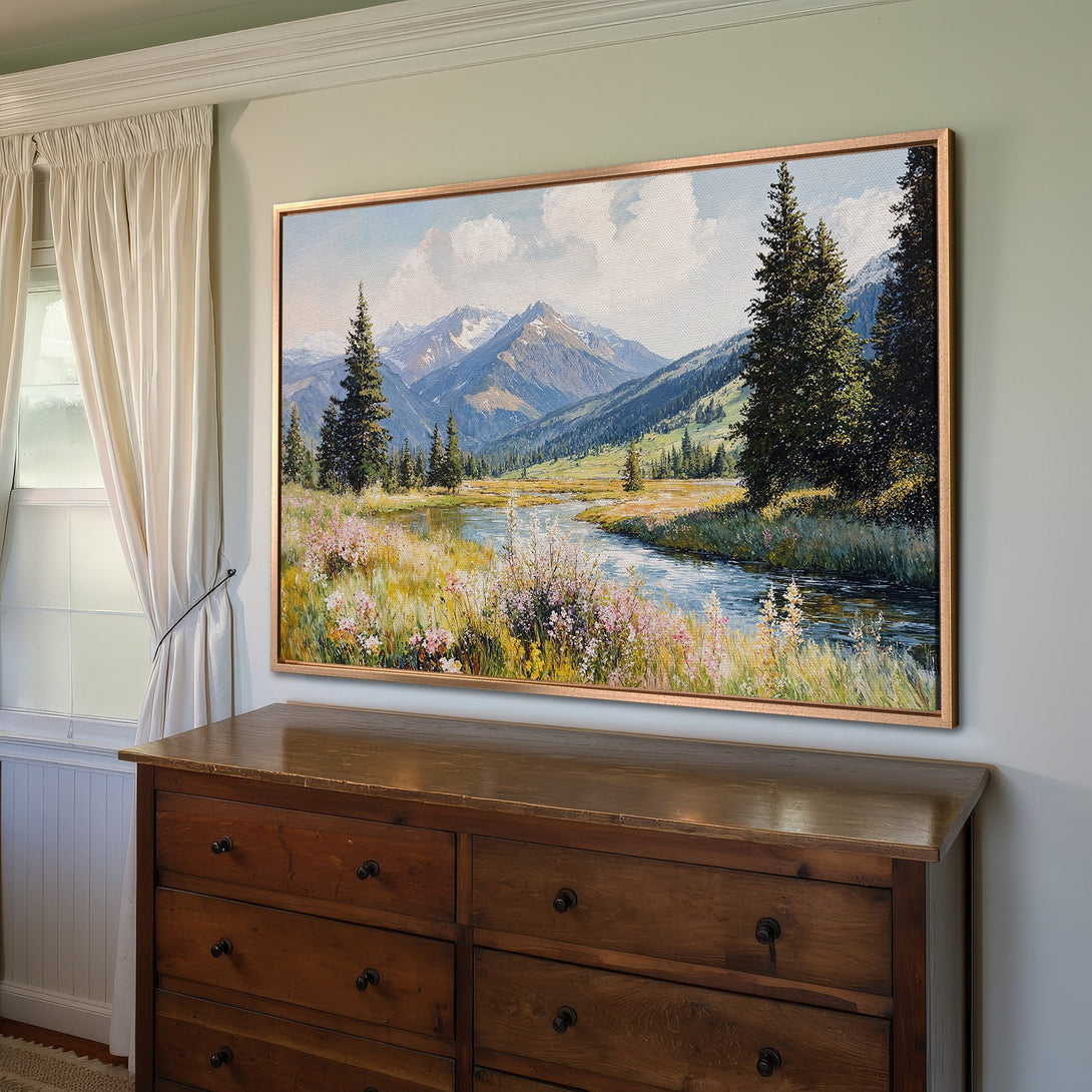 Framed Wall Art: Mountain landscape Canvas Print with a warm color palette. Bring nature's beauty indoors!