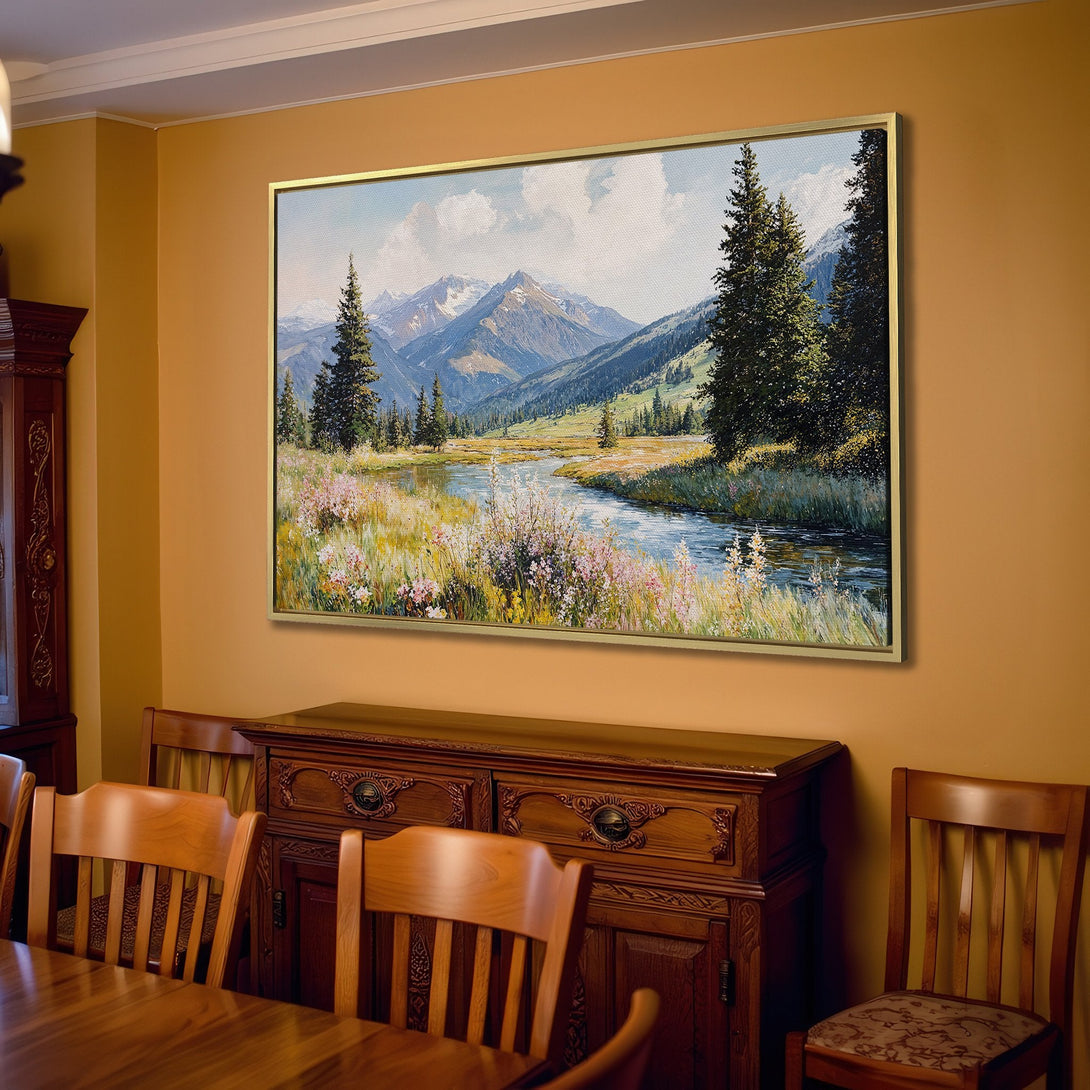 Canvas Print of a serene mountain landscape painting in a warm, neutral-toned living room. Features blues, greens, and yellows.