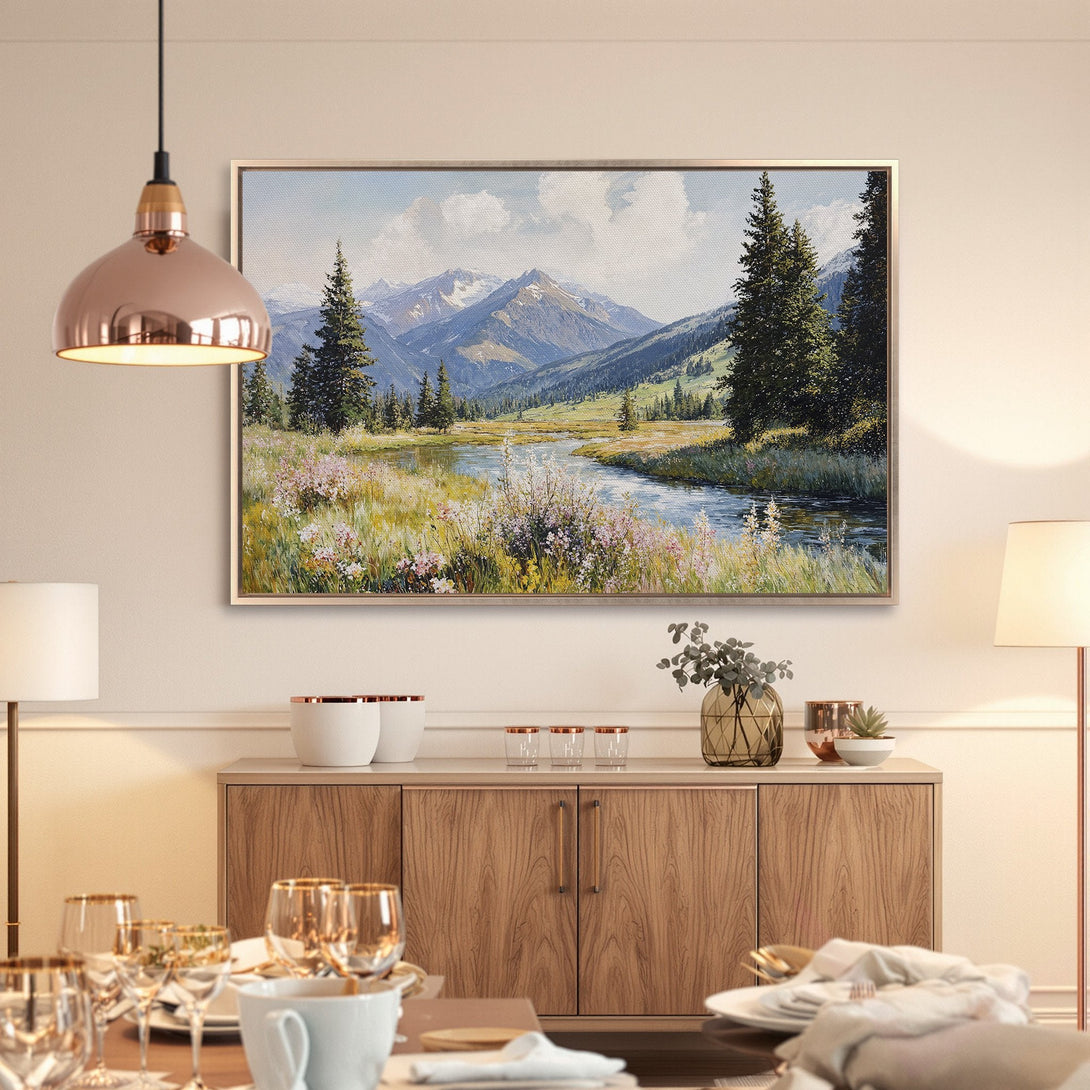 Framed Wall Art: Mountain landscape canvas print with a serene river scene, featuring cool blues, greens, and warm earth tones. Perfect for your home decor!