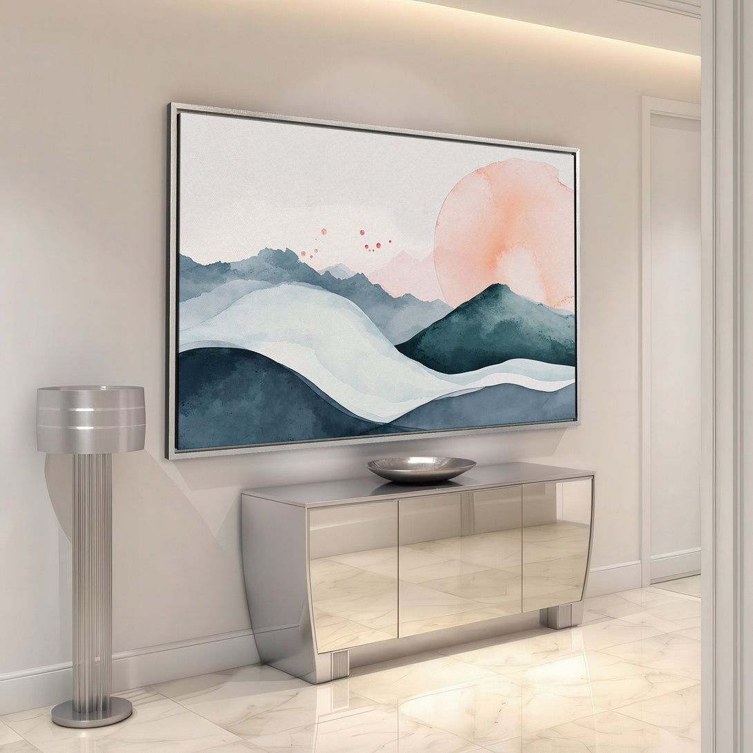 Framed Wall Art: Abstract watercolor landscape in blue, teal, and peach tones. Modern art print for a stylish home decor upgrade.