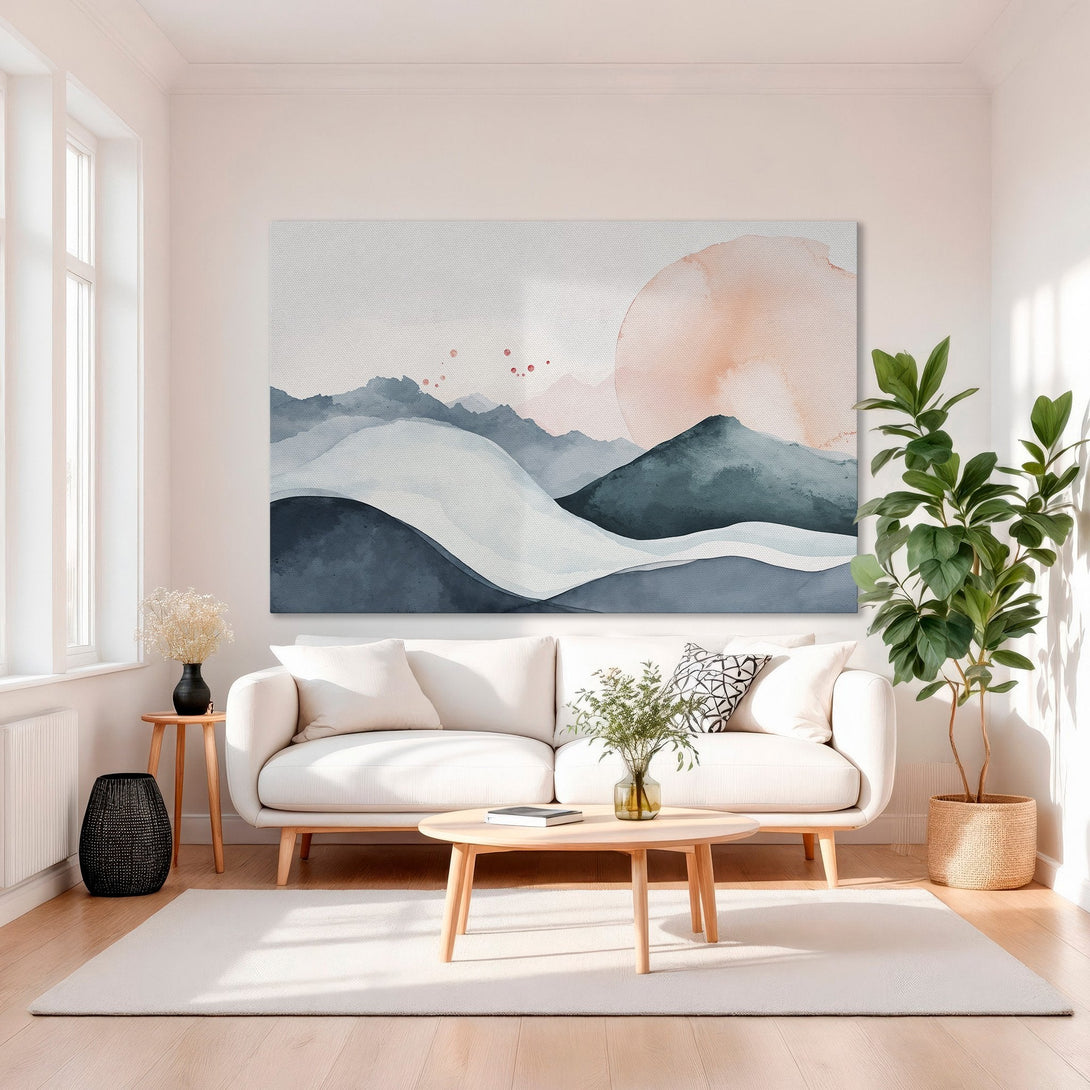 Framed Wall Art featuring a watercolor landscape in blue and peach tones. Modern art perfect for living room decor.