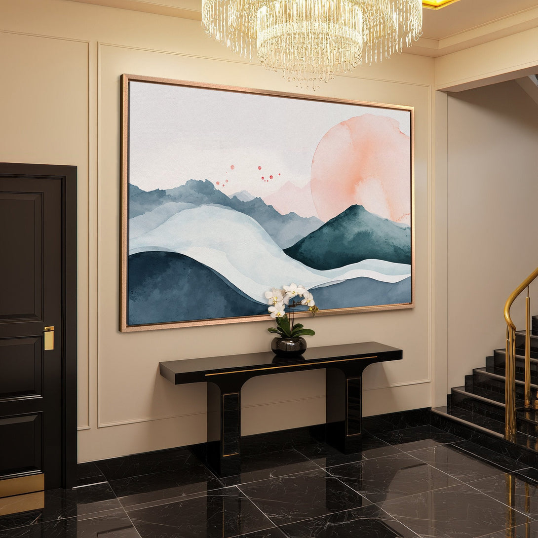 Framed Wall Art: Watercolor landscape canvas print with blue, teal, and peach hues. Modern art for home decor, perfect for living rooms and entryways.