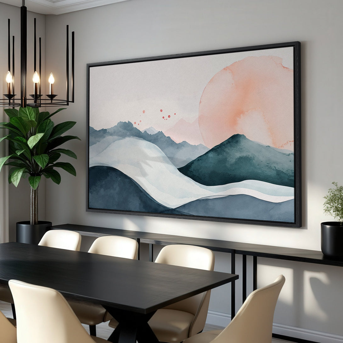 Framed Wall Art: Abstract watercolor landscape in muted blues, greens, and peach tones. Modern art for your home.