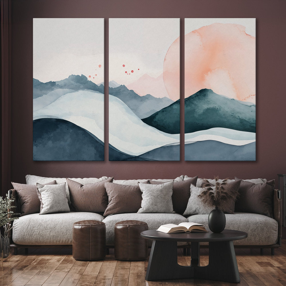 Abstract watercolor Canvas Print of mountains in blue, teal, and blush pink. Modern wall art for a calming interior.