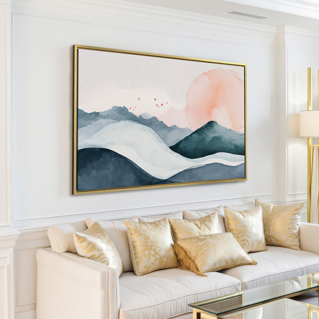 Abstract watercolor Canvas Print of mountains in a modern living room. Features a serene blue, gray, and peach color palette. Perfect for minimalist decor.