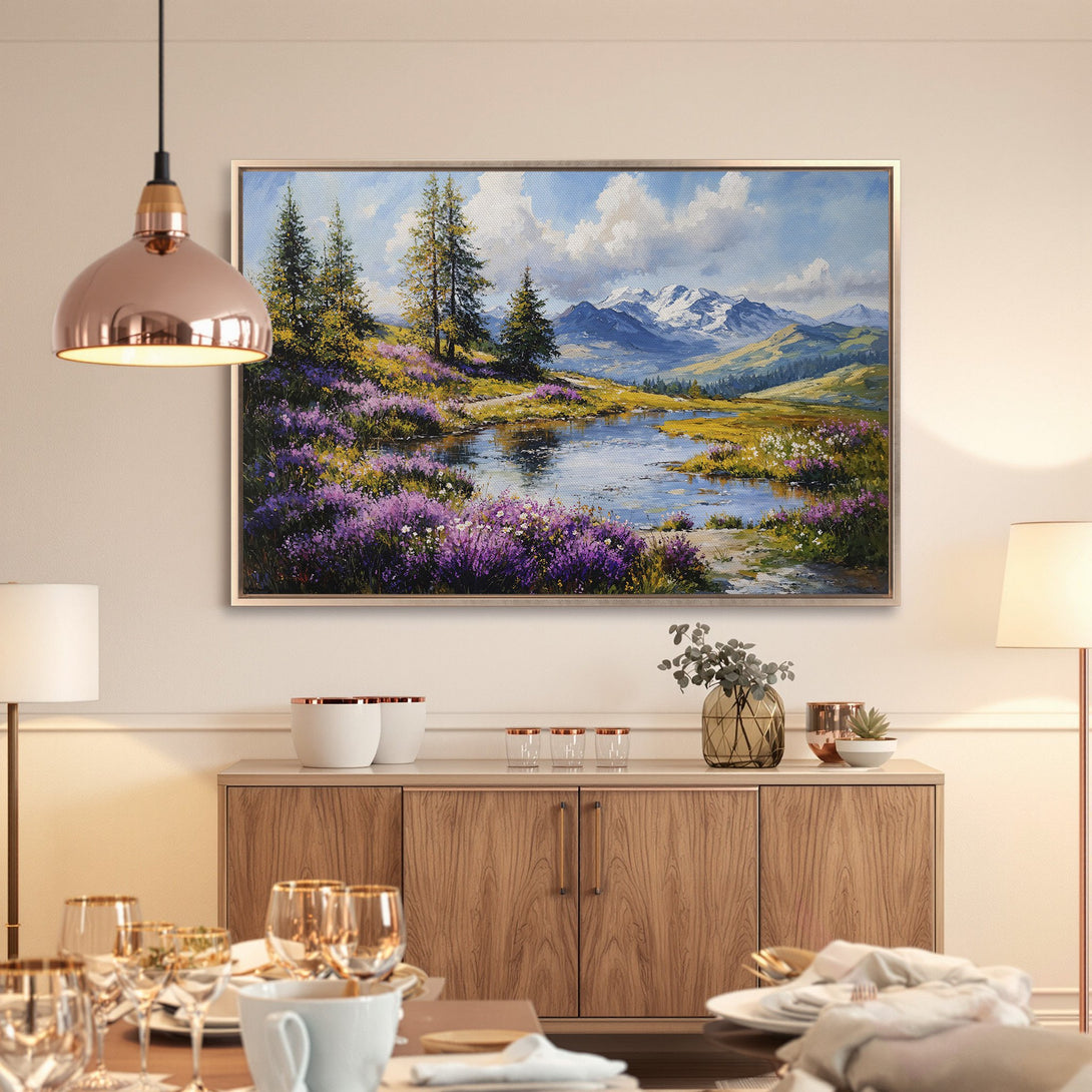 Framed Wall Art: Landscape painting with mountains and lake. Beautiful impressionist style in blue, green, purple, and white hues. Perfect for home decor.