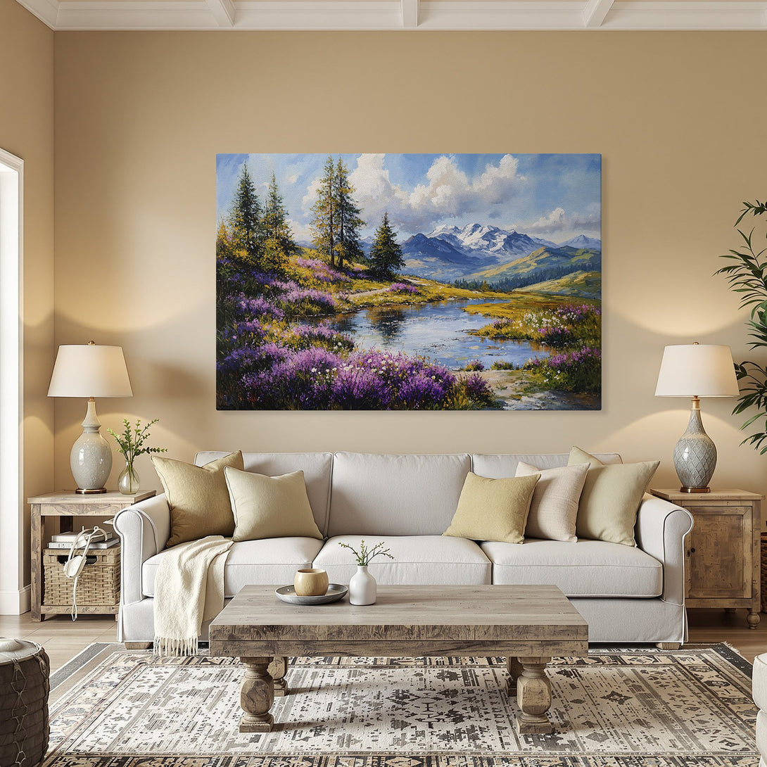 Framed Wall Art: Landscape Canvas Print with serene mountain scene in blue, green, and purple hues. Perfect for adding a touch of nature to your home!