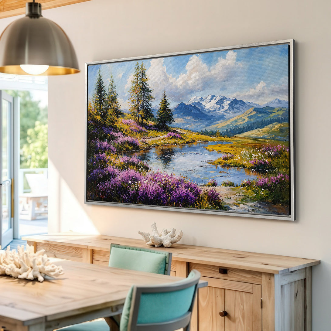 Framed Wall Art: Landscape Canvas Print with vibrant purple, blue, and yellow hues. Mountain scene in a bright, impressionistic style. Perfect for home decor.