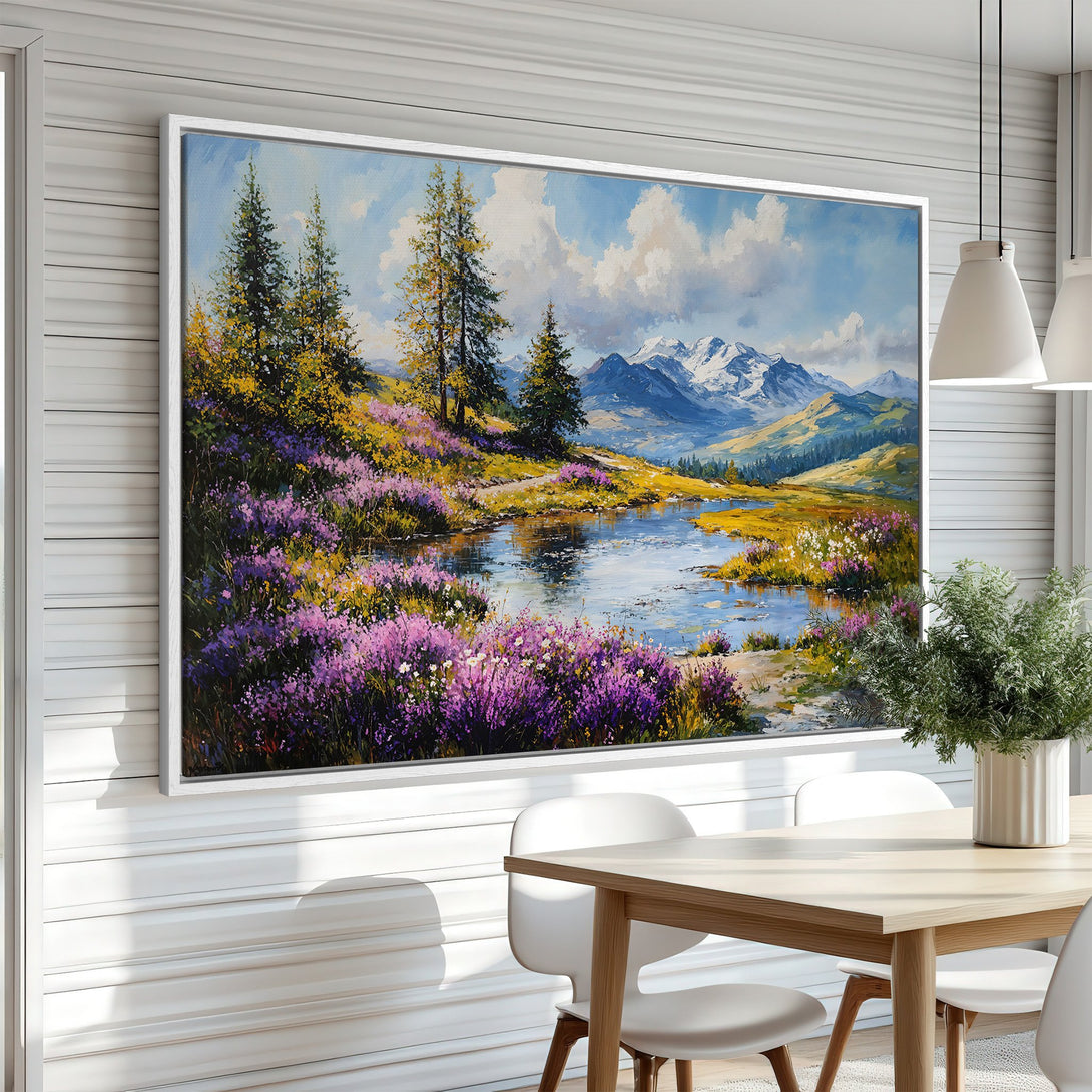 Framed Wall Art: Stunning landscape Canvas Print featuring a mountain lake scene with vibrant purple and yellow wildflowers. Bring nature's beauty indoors!