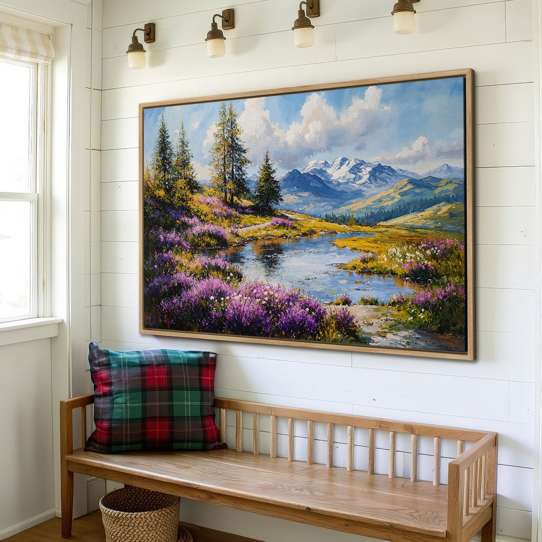 Framed Wall Art: Landscape painting of mountains, lake, and wildflowers in a bright, colorful palette. Perfect for adding a touch of nature to your home decor.