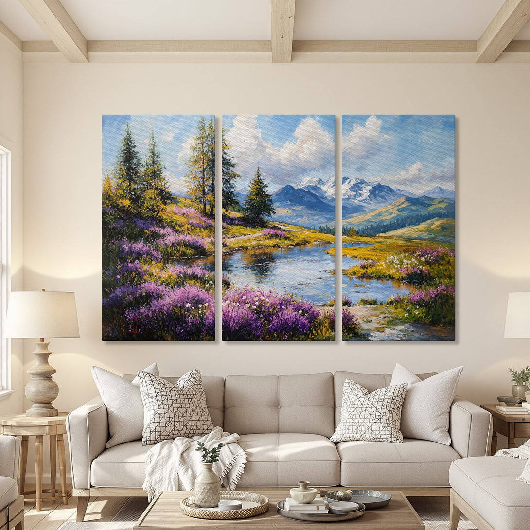 Canvas Print of a vibrant landscape painting with mountains and a lake, featuring a colorful palette of blues, purples, and greens. Perfect wall art!
