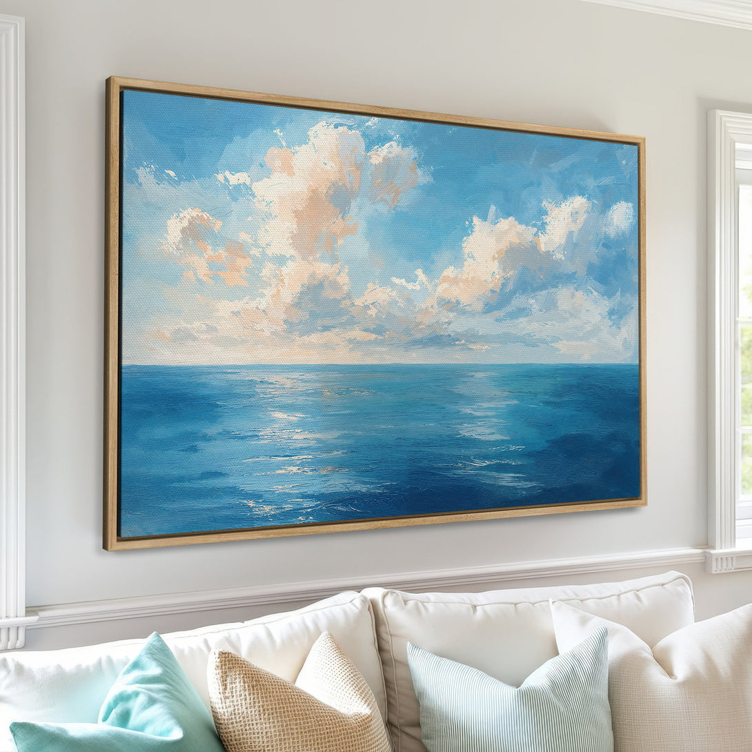 Framed Wall Art: Ocean landscape Canvas Print in blue and white hues. Coastal art for serene home decor. Bring the sea to your space!