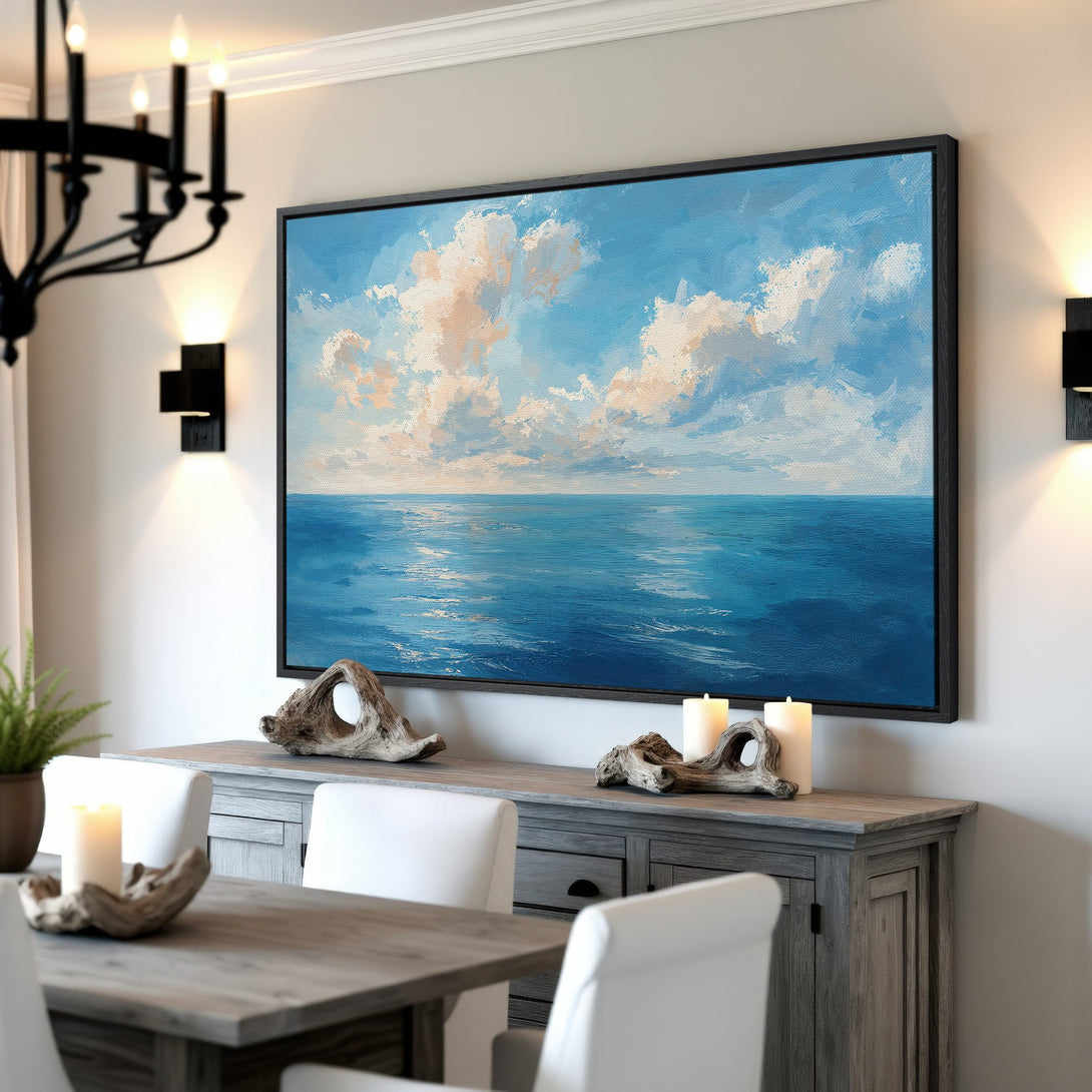 Framed Wall Art: Ocean landscape Canvas Print in blue and beige tones. Coastal art for serene home decor.