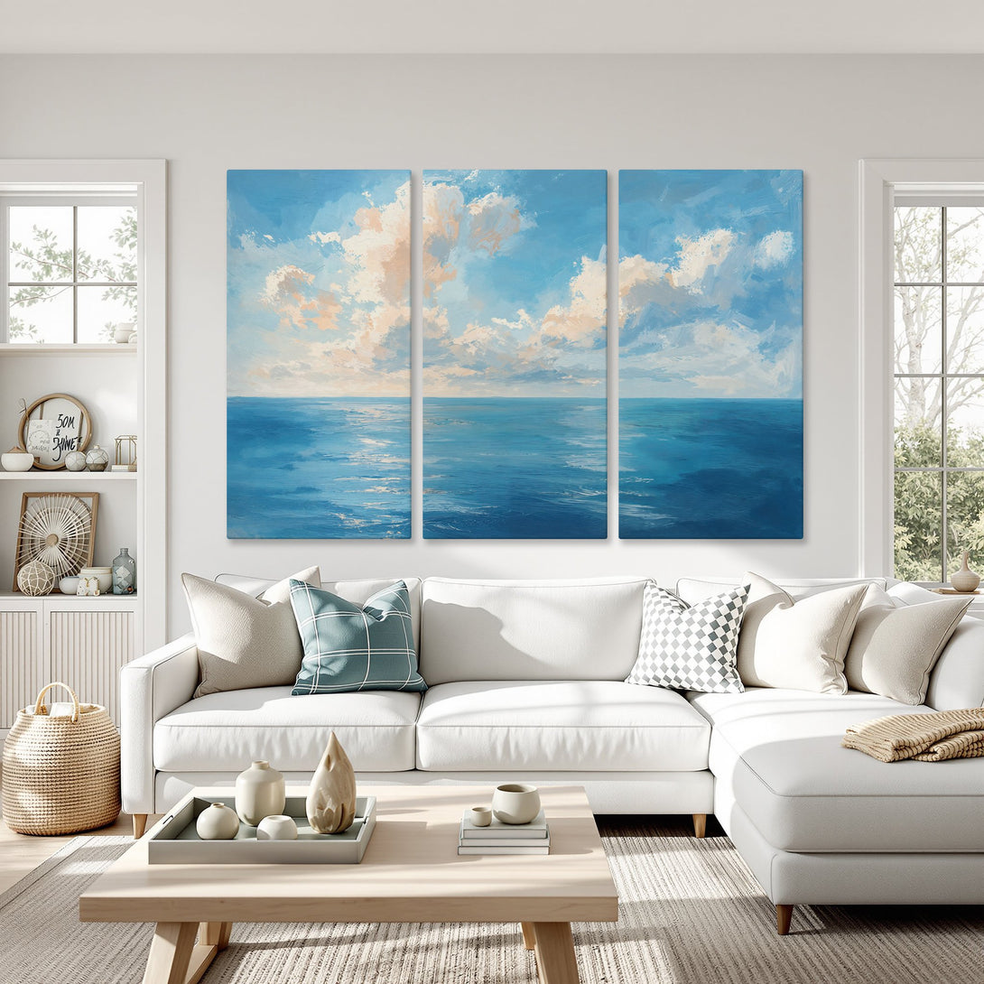 Canvas Print of ocean landscape art in blue and cream hues. Modern, abstract style perfect for coastal decor.