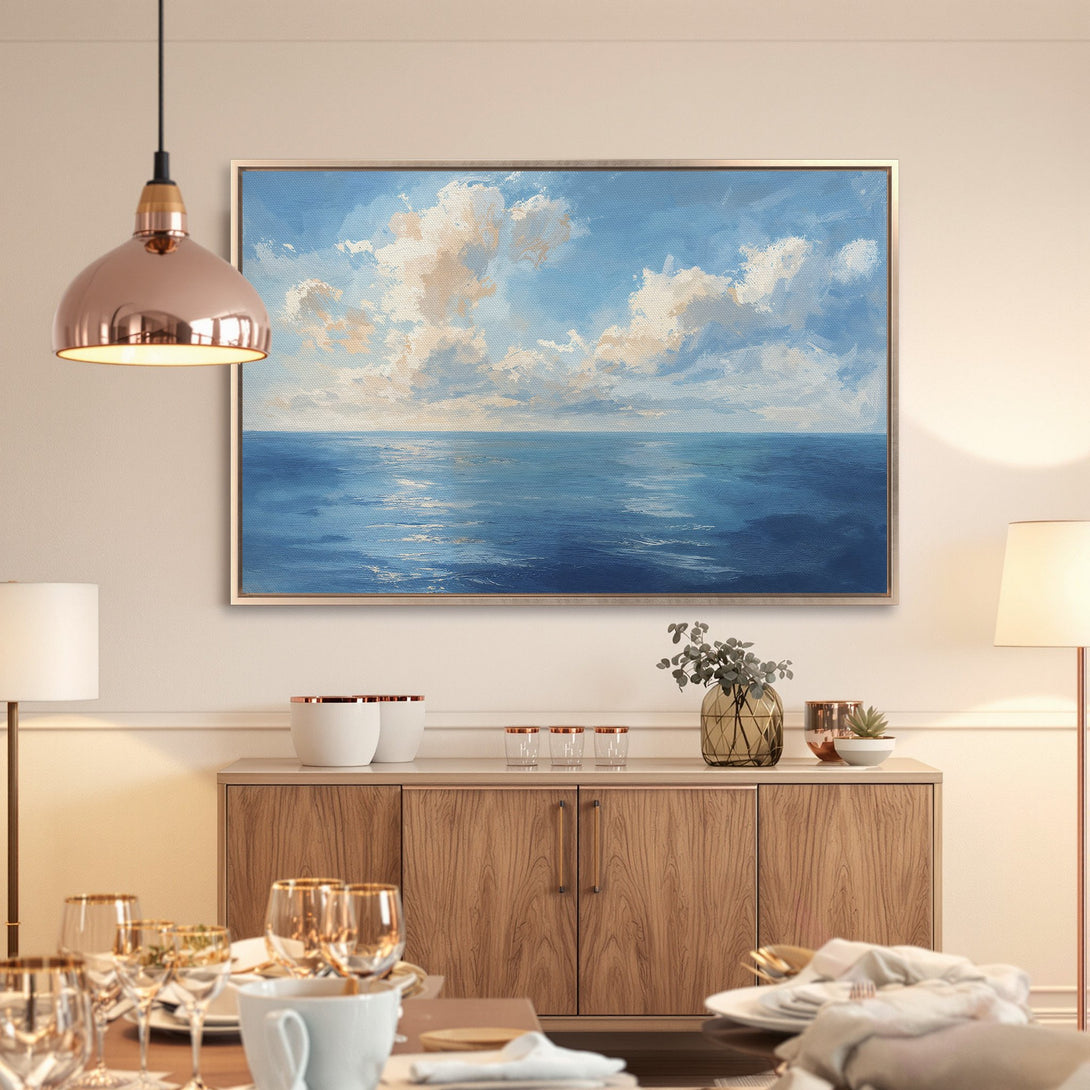 Framed Wall Art: Ocean landscape Canvas Print in blue and white. Modern coastal art for your home decor.