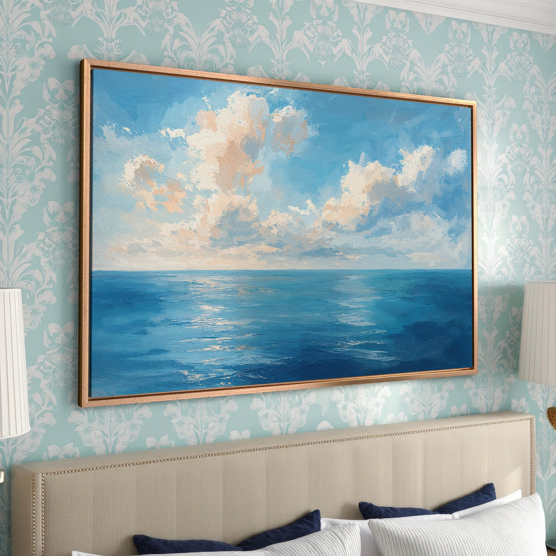 Framed Wall Art: Ocean landscape Canvas Print in blue and beige tones. Perfect for coastal decor, this artwork adds a serene touch to any room.
