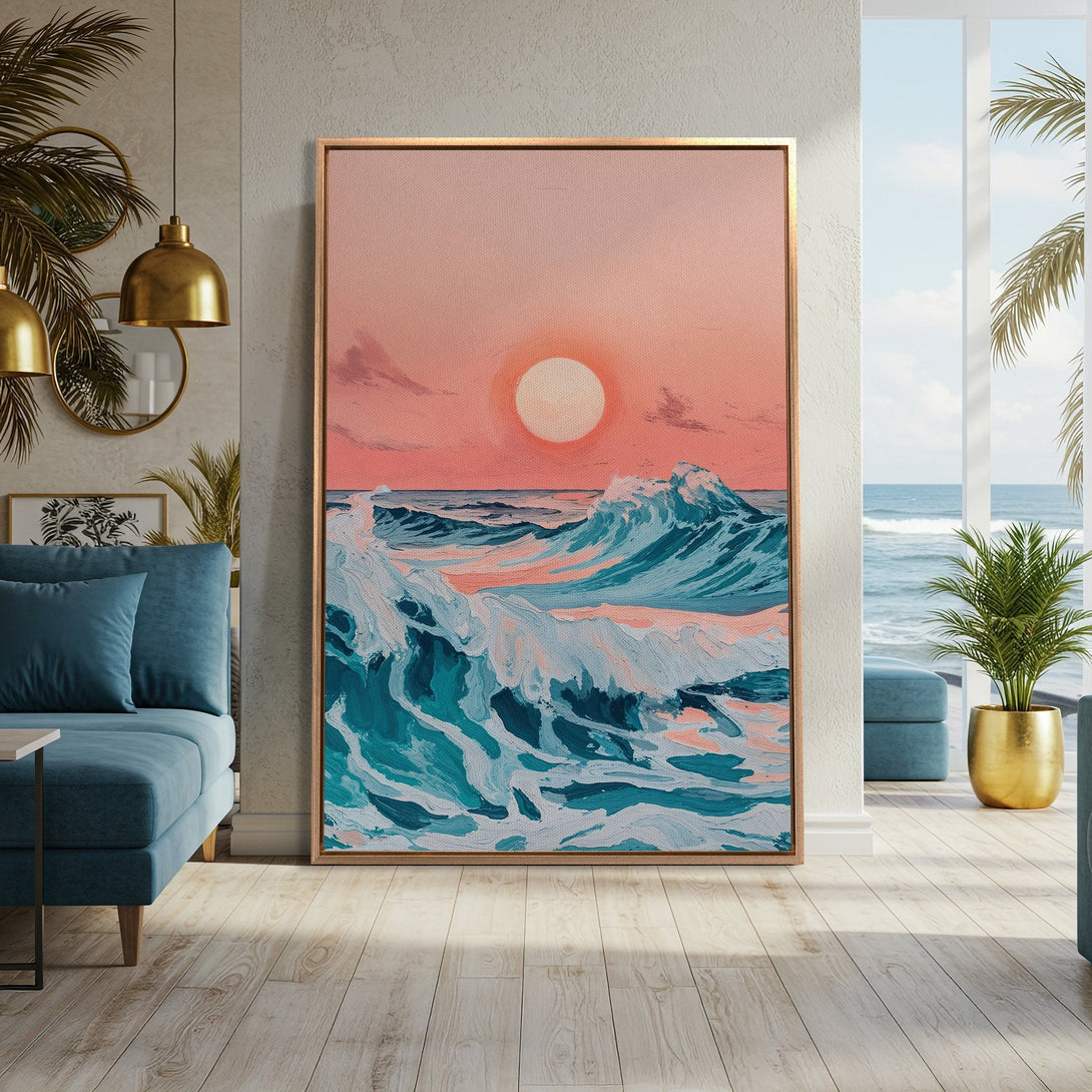 Framed Wall Art: Coastal sunset painting with teal waves and pink sky. Modern art decor in a living room setting. Perfect for beach house vibes.