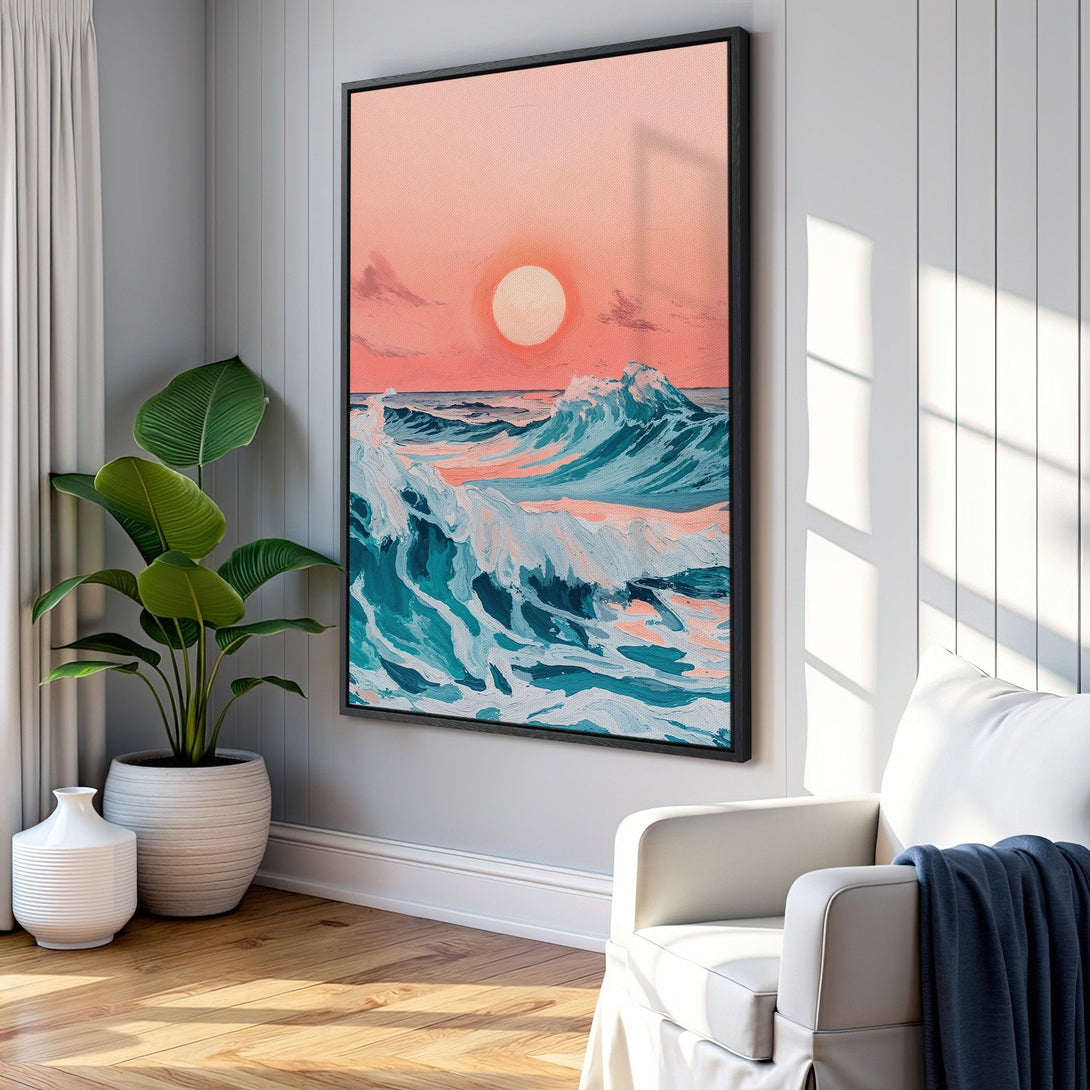 Framed Wall Art: Ocean waves painting in a coastal style with a sunset color palette. Bring the serene beauty of the sea into your home!