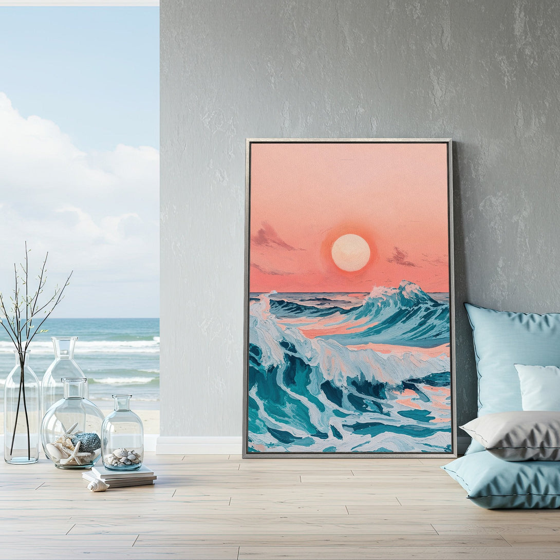 Framed Wall Art: Coastal sunset canvas print in teal & coral. Modern art for beach house decor. Bring the ocean home!