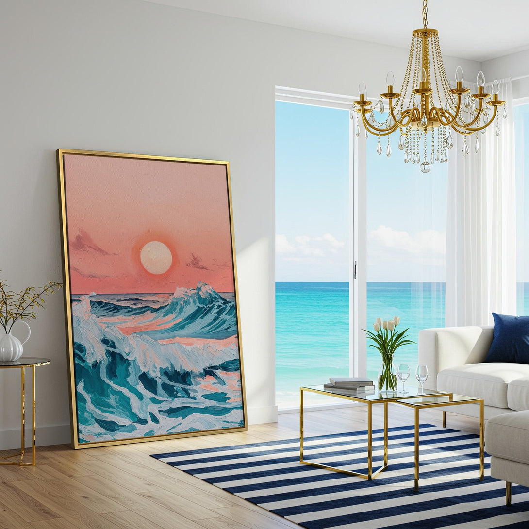 Canvas Print of a serene ocean sunset. Coastal art in teal and coral hues, perfect for a calming living room.