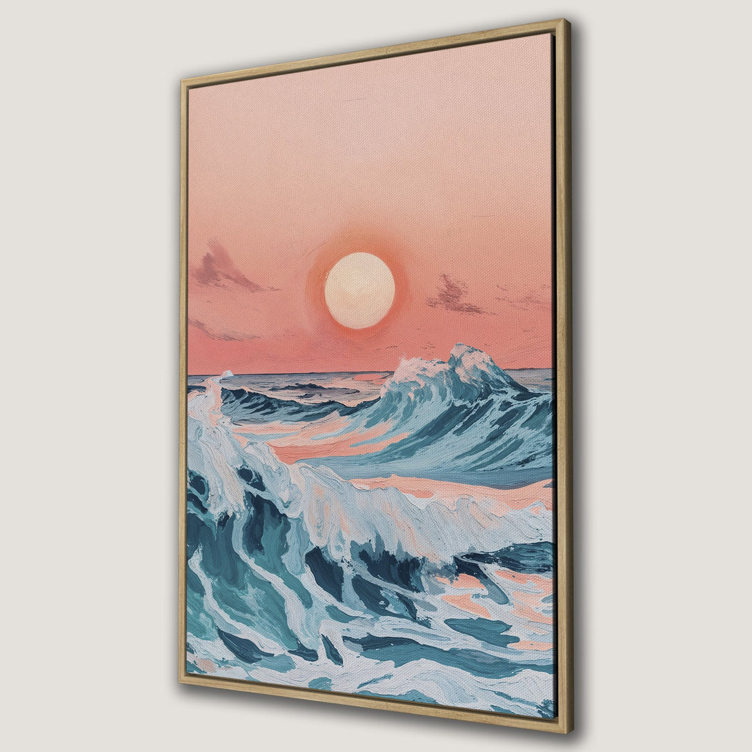 Framed Wall Art: Coastal sunset canvas print. Abstract ocean waves in teal and coral hues. Perfect for adding a calming touch to your home decor.