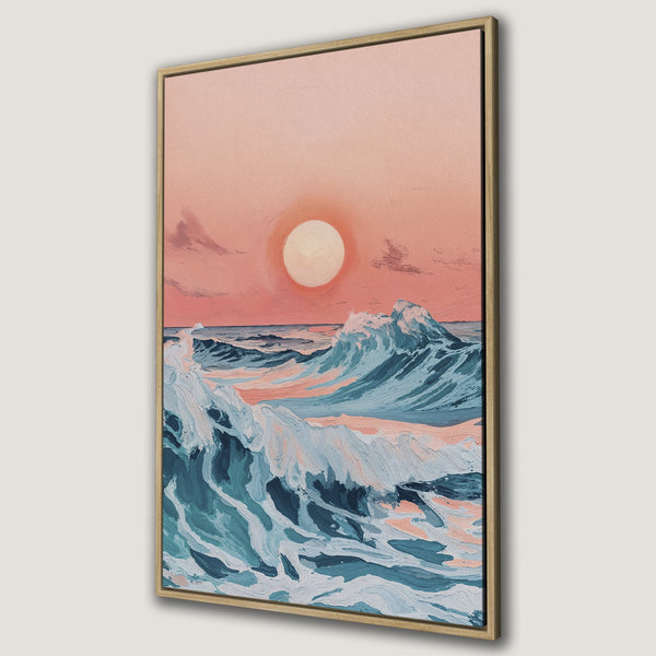 Framed Wall Art: Coastal sunset canvas print. Abstract ocean waves in teal and coral hues. Perfect for adding a calming touch to your home decor.