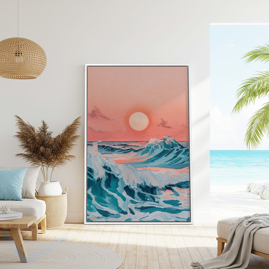 Framed Wall Art: Ocean waves at sunset. Coastal style canvas print in teal, pink, and white. Bring the beach vibes home!